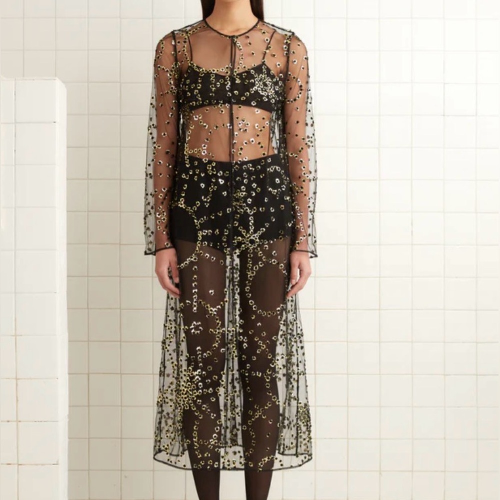 Bode Sheer Fete Duster midi dress with gold sequins